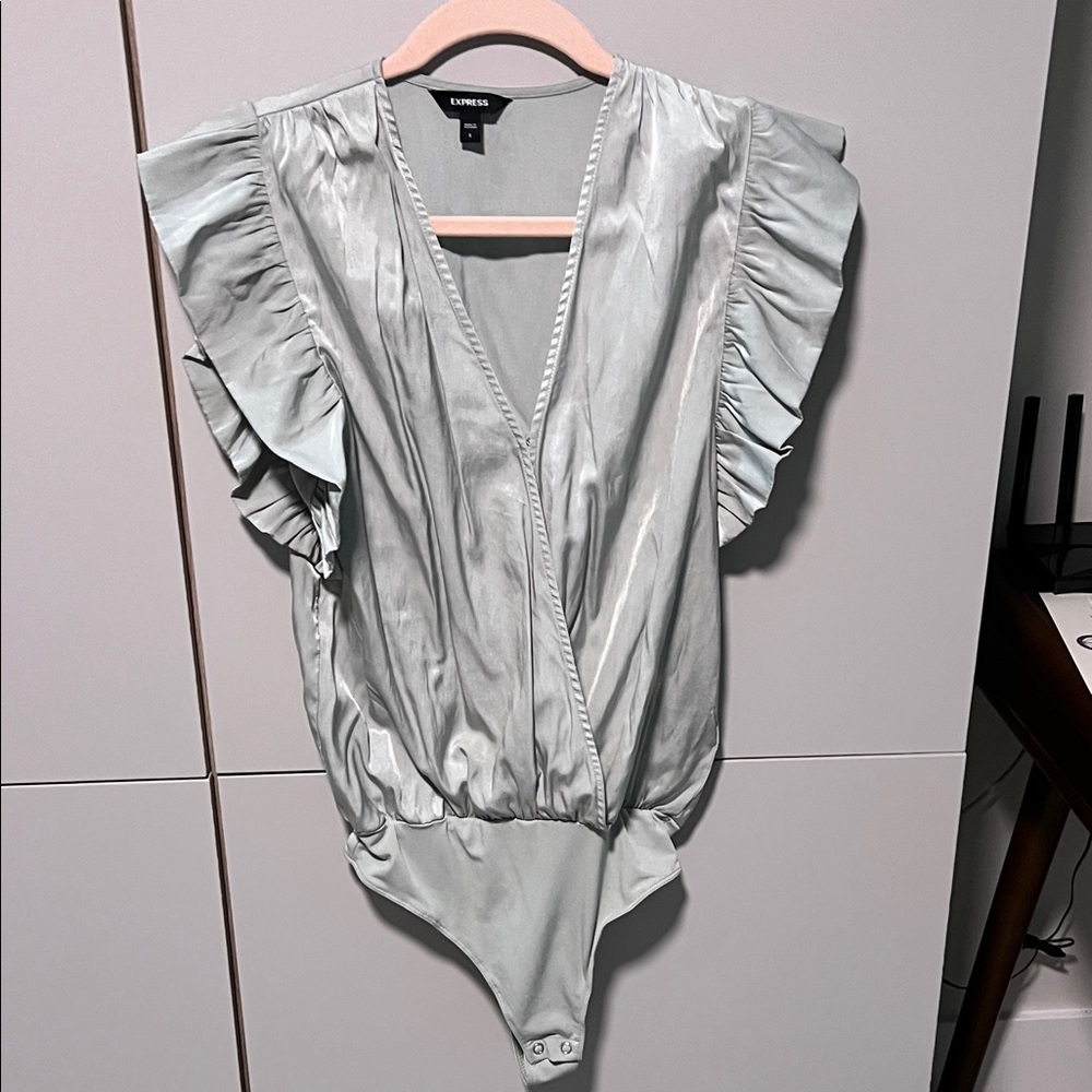 Express Silver Flutter Sleeve Surplice Bodysuit